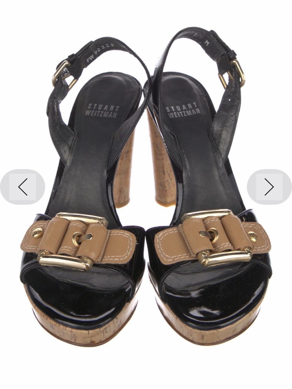 Stuart Weitzman Patent Leather Elegant Black and Tan Heels with Open Toe Design